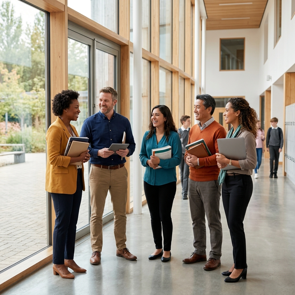 Teachers in a bright school corridor